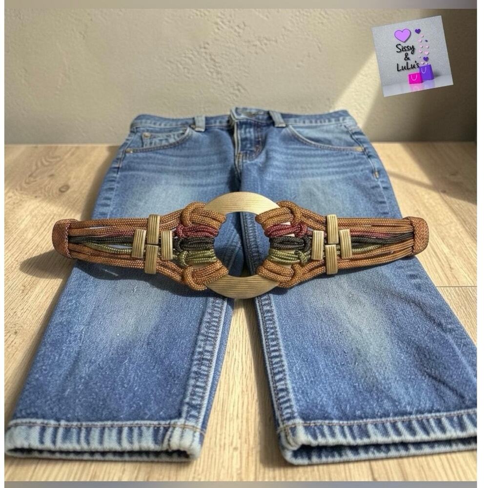 Vintage Braided Rope Belt Womens Multicolor Gold Tone Open Ring Buckle